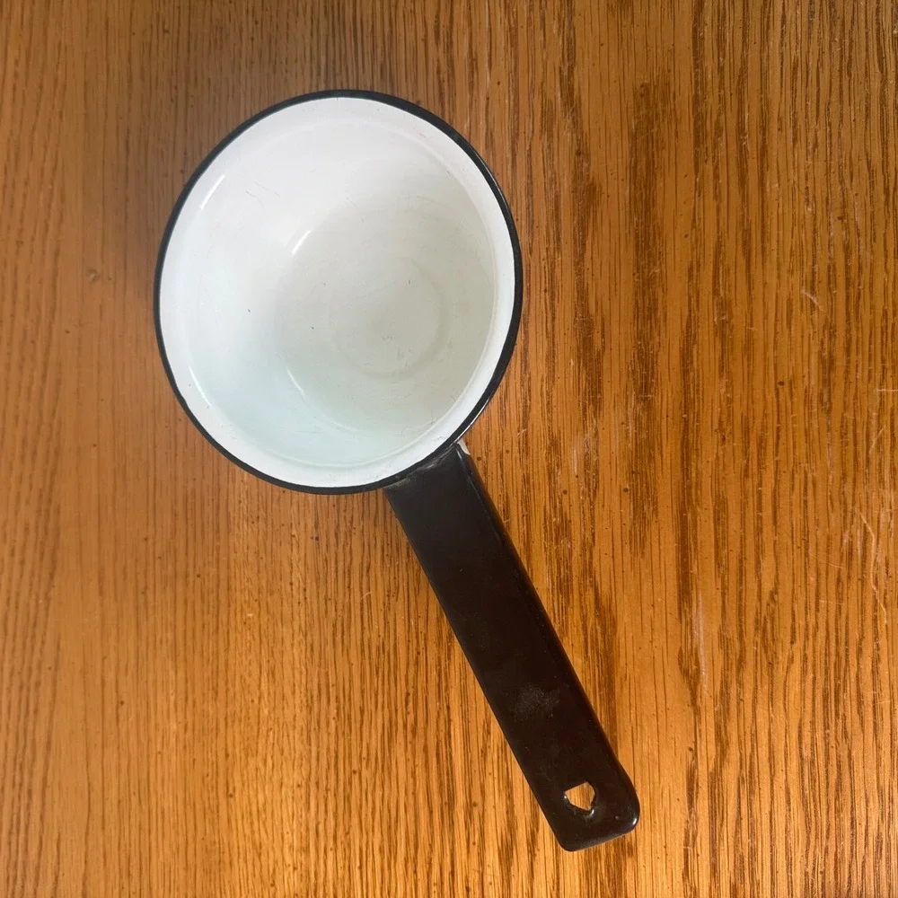Vintage White Enamel Small‎ Saucepan Black Trim Farmhouse Decor
